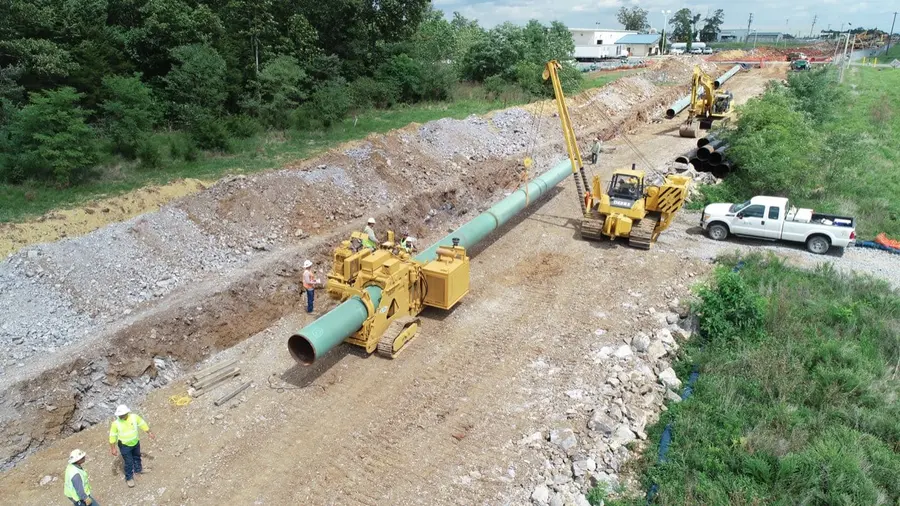 Sidebooms lowering a welded pipeline into the trench